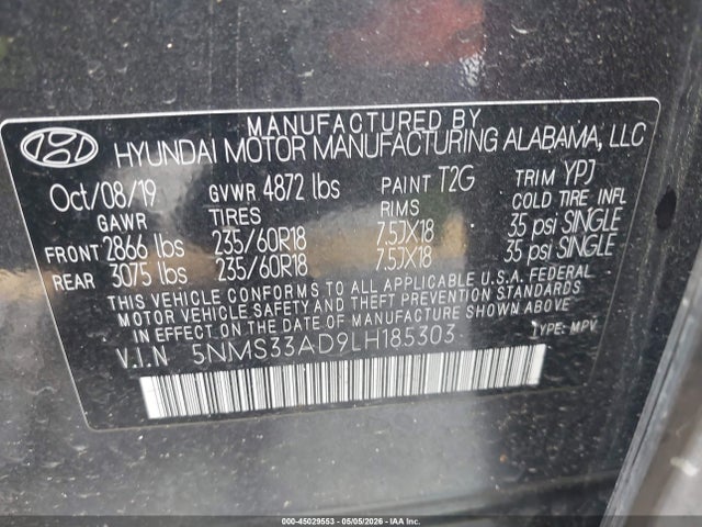 Aukcja sprzedaży 2020 Hyundai Santa Fe Sel, vin: 5NMS33AD9LH185303, numer aukcji: 45029553