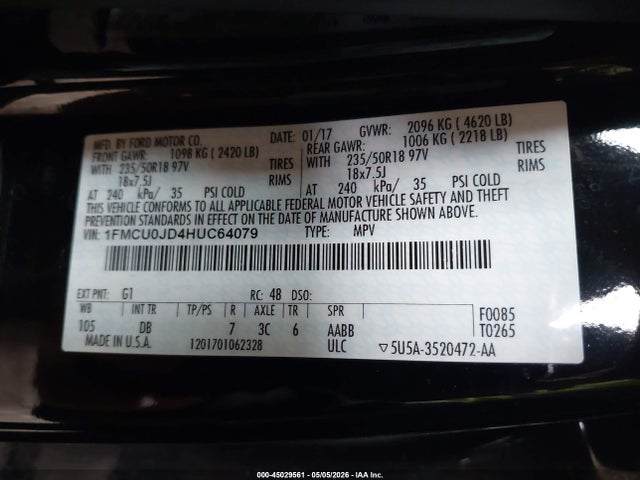 Продажа на аукционе авто 2017 Ford Escape Titanium, vin: 1FMCU0JD4HUC64079, номер лота: 45029561
