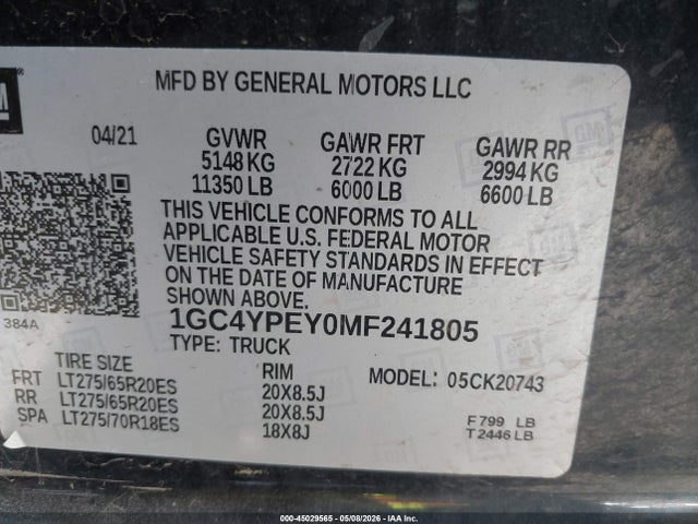 45029565 :رقم المزاد ، 1GC4YPEY0MF241805 vin ، 2021 Chevrolet Silverado 2500hd 4wd  Standard Bed Ltz مزاد بيع