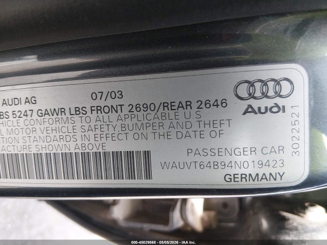 Продаж на аукціоні авто 2004 Audi A6 Avant, vin: WAUVT64B94N019423, номер лоту: 45029568