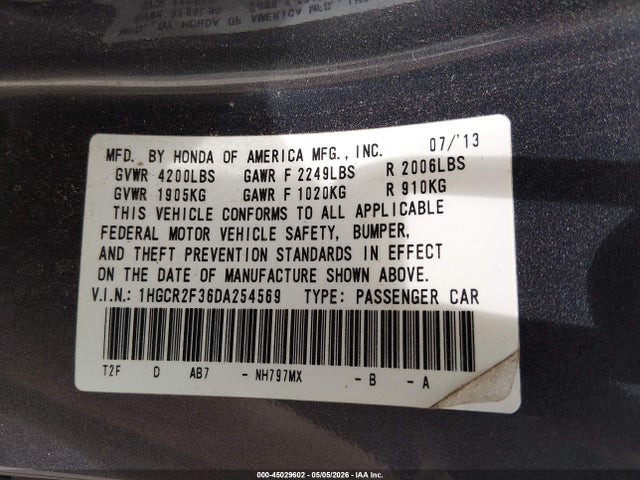 Auction sale of the 2013 Honda Accord Lx, vin: 1HGCR2F36DA254569, lot number: 45029602