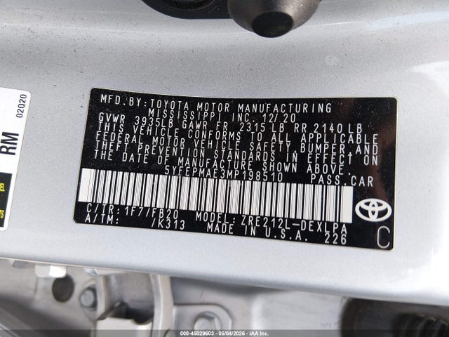5YFEPMAE3MP198510 Toyota COROLLA LE