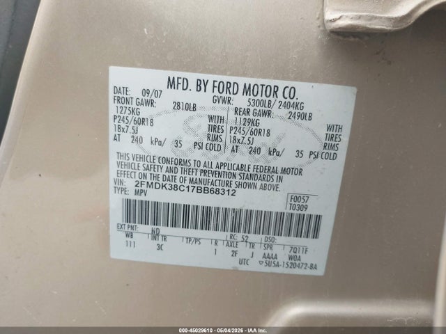 Продаж на аукціоні авто 2007 Ford Edge Sel, vin: 2FMDK38C17BB68312, номер лоту: 45029610