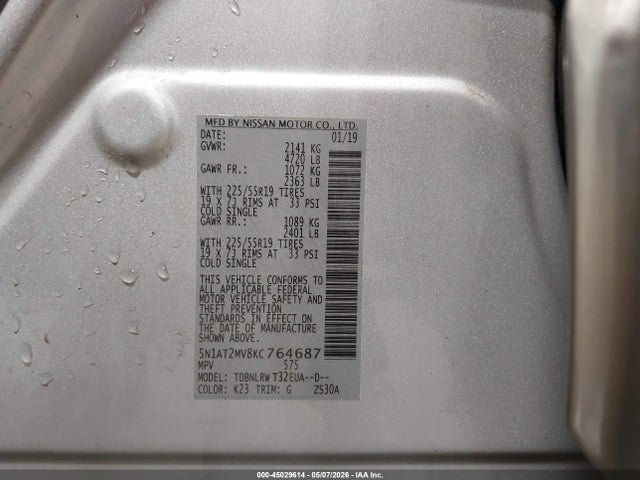 Продажа на аукционе авто 2019 Nissan Rogue Sl, vin: 5N1AT2MV8KC764687, номер лота: 45029614
