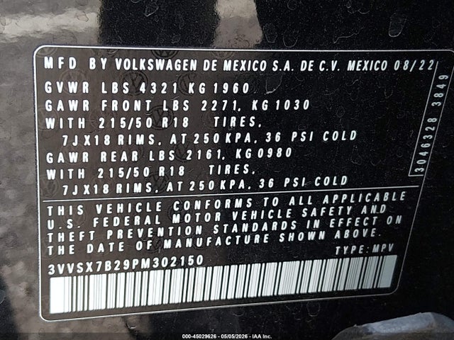 3VVSX7B29PM302150 Volkswagen Taos 1.5t Se