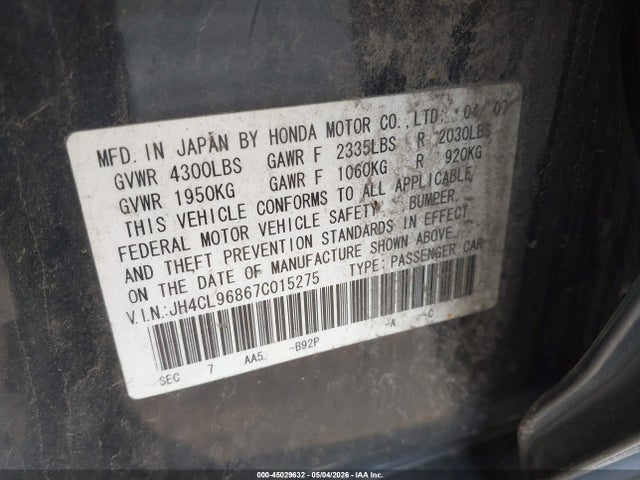 2007 Acura Tsx მანქანა იყიდება აუქციონზე, vin: JH4CL96867C015275, აუქციონის ნომერი: 45029632