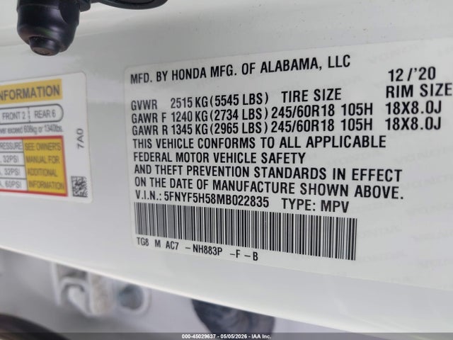 Aukcja sprzedaży 2021 Honda Pilot 2wd Ex-l, vin: 5FNYF5H58MB022835, numer aukcji: 45029637