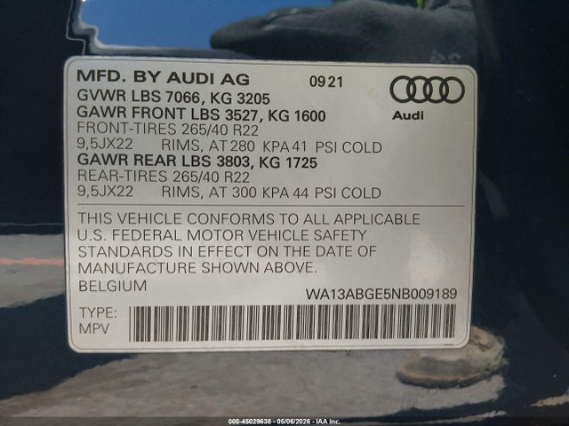45029638 :رقم المزاد ، WA13ABGE5NB009189 vin ، 2022 Audi E-tron Sportback Prestige S Line Quattro مزاد بيع