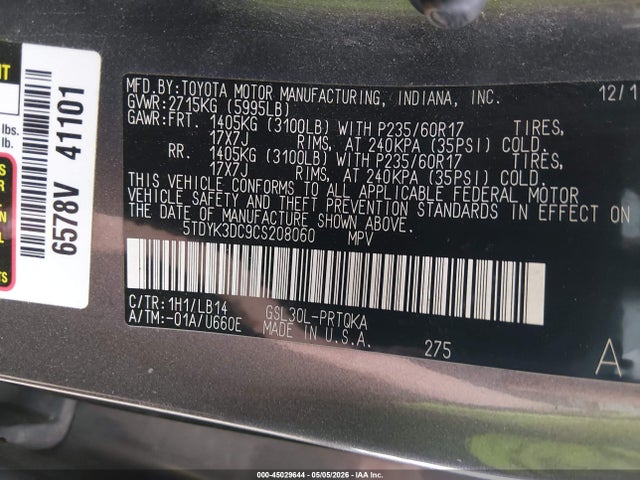 Продажа на аукционе авто 2012 Toyota Sienna Xle V6 8 Passenger, vin: 5TDYK3DC9CS208060, номер лота: 45029644