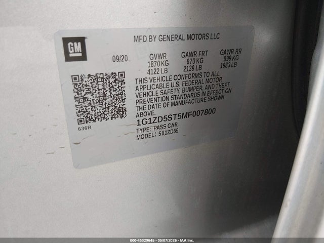 45029645 :رقم المزاد ، 1G1ZD5ST5MF007800 vin ، 2021 Chevrolet Malibu Fwd Lt مزاد بيع