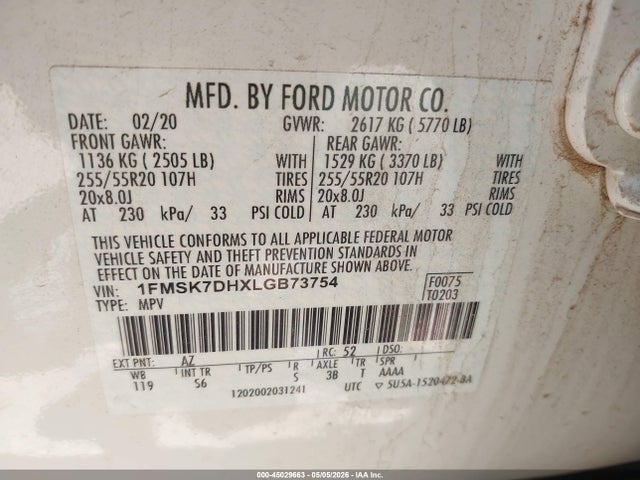 Aukcja sprzedaży 2020 Ford Explorer Xlt, vin: 1FMSK7DHXLGB73754, numer aukcji: 45029663