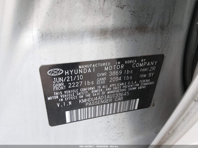 Aukcja sprzedaży 2010 Hyundai Elantra Gls, vin: KMHDU4AD1AU133645, numer aukcji: 45029677
