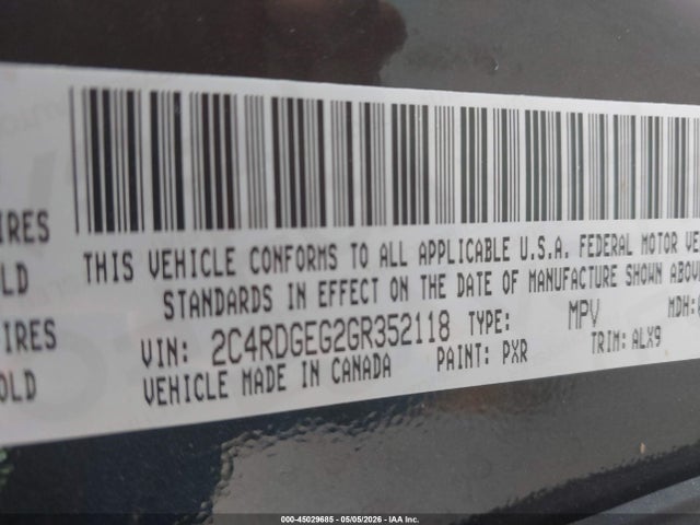 Продаж на аукціоні авто 2016 Dodge Grand Caravan R/t, vin: 2C4RDGEG2GR352118, номер лоту: 45029685