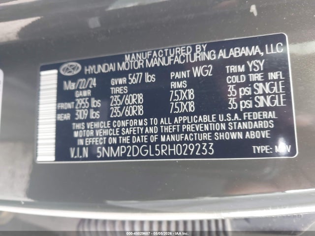 5NMP2DGL5RH029233 Hyundai Santa Fe Sel