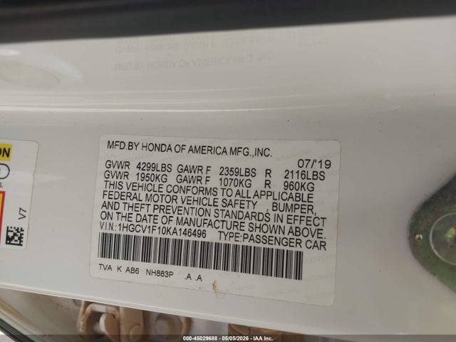 45029688 :رقم المزاد ، 1HGCV1F10KA146496 vin ، 2019 Honda Accord Lx مزاد بيع