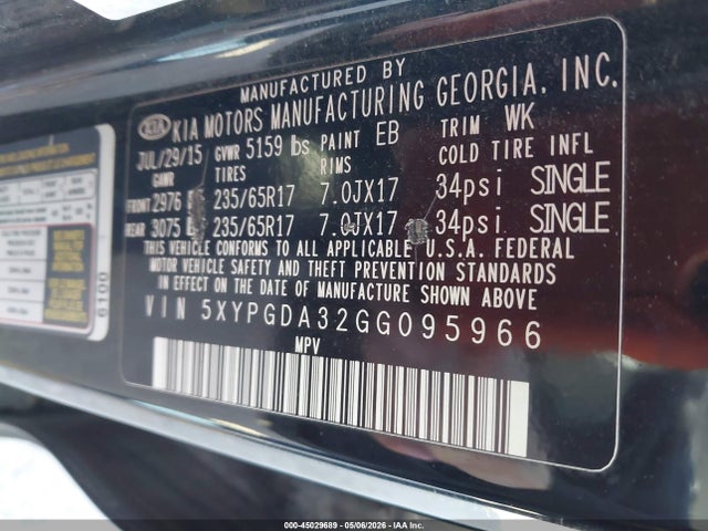 45029689 :رقم المزاد ، 5XYPGDA32GG095966 vin ، 2016 Kia Sorento 2.4l Lx مزاد بيع