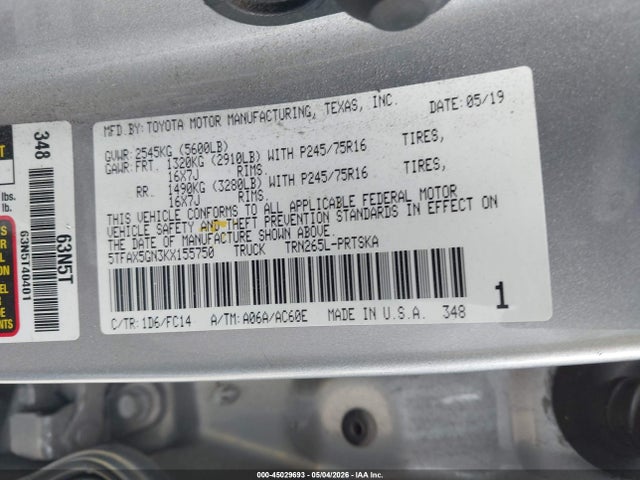 5TFAX5GN3KX155750 Toyota Tacoma Sr5