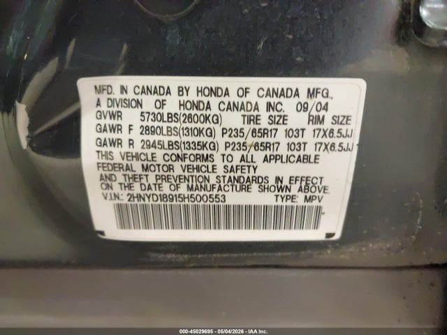 2005 Acura Mdx მანქანა იყიდება აუქციონზე, vin: 2HNYD18915H500553, აუქციონის ნომერი: 45029695