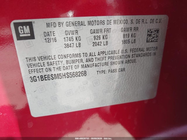 3G1BE6SM5HS568268 Chevrolet Cruze Lt Auto