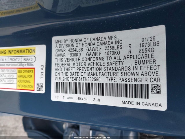 2HGFE4F84TH332590 Honda Civic Hybrid Sport/sport Touring