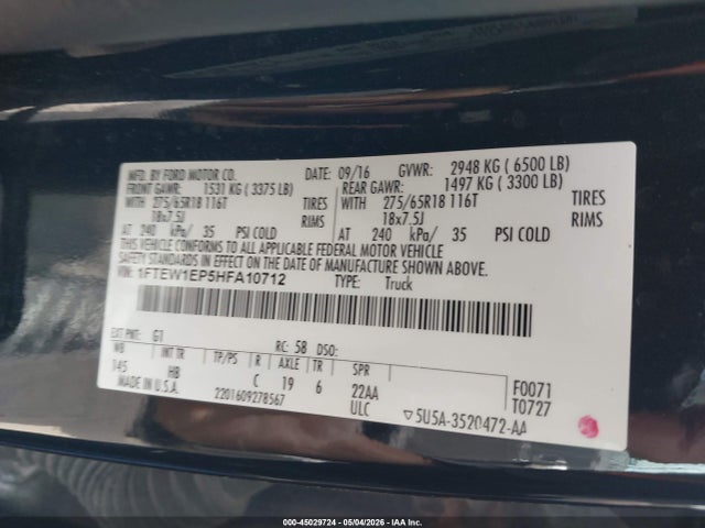 Aukcja sprzedaży 2017 Ford F-150 Lariat, vin: 1FTEW1EP5HFA10712, numer aukcji: 45029724