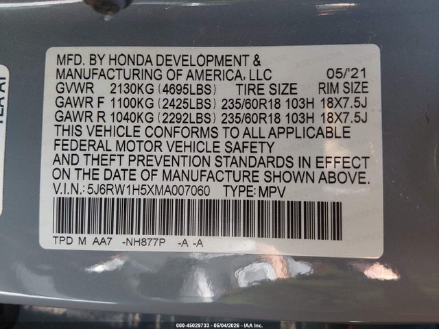 5J6RW1H5XMA007060 Honda Cr-v 2wd Ex
