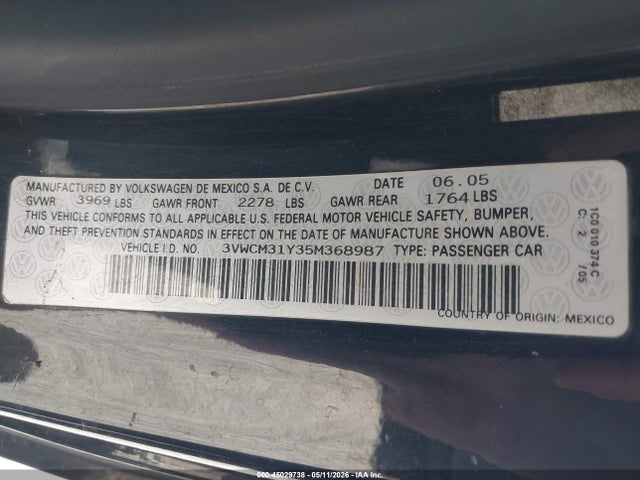 Продажа на аукционе авто 2005 Volkswagen New Beetle Gls, vin: 3VWCM31Y35M368987, номер лота: 45029738