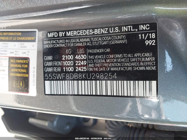 45029740 :رقم المزاد ، 55SWF8DB8KU298254 vin ، 2019 Mercedes-benz C 300 مزاد بيع