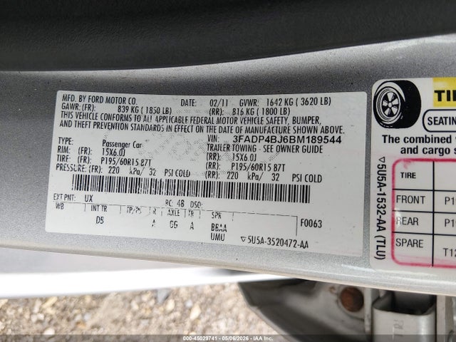 45029741 :رقم المزاد ، 3FADP4BJ6BM189544 vin ، 2011 Ford Fiesta Se مزاد بيع