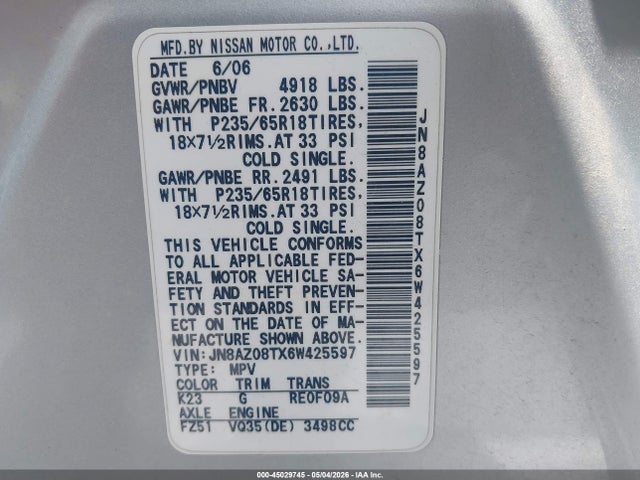 Aukcja sprzedaży 2006 Nissan Murano Sl, vin: JN8AZ08TX6W425597, numer aukcji: 45029745