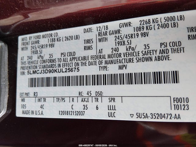 45029747 :رقم المزاد ، 5LMCJ3D90KUL25675 vin ، 2019 Lincoln Mkc Reserve مزاد بيع