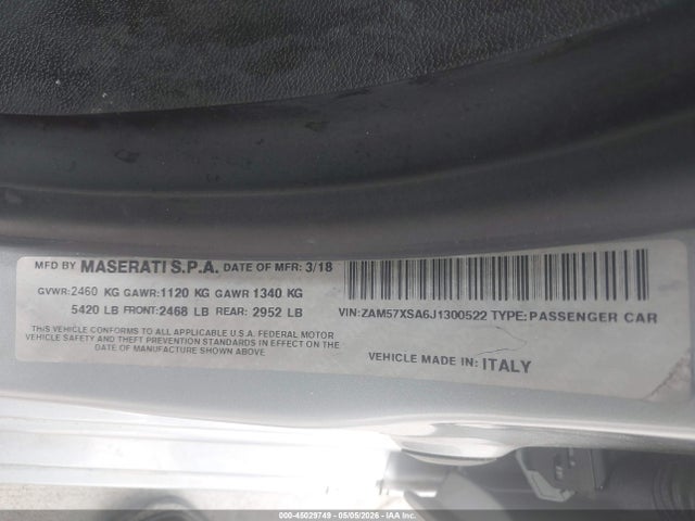 45029749 :رقم المزاد ، ZAM57XSA6J1300522 vin ، 2018 Maserati Ghibli مزاد بيع