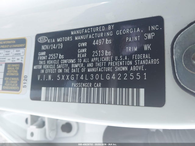 2020 Kia Optima Lx მანქანა იყიდება აუქციონზე, vin: 5XXGT4L30LG422551, აუქციონის ნომერი: 45029753