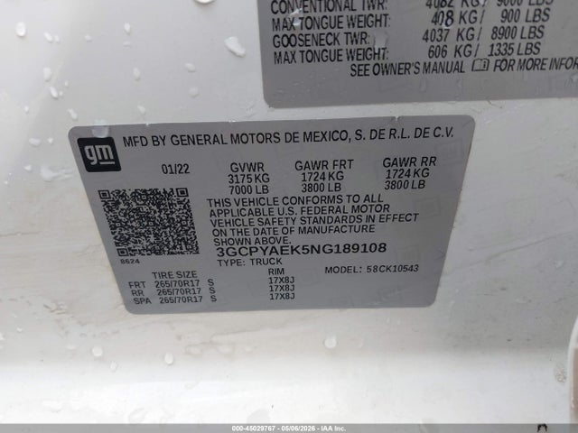 Продаж на аукціоні авто 2022 Chevrolet Silverado 1500 Ltd 4wd  Short Bed Wt, vin: 3GCPYAEK5NG189108, номер лоту: 45029767