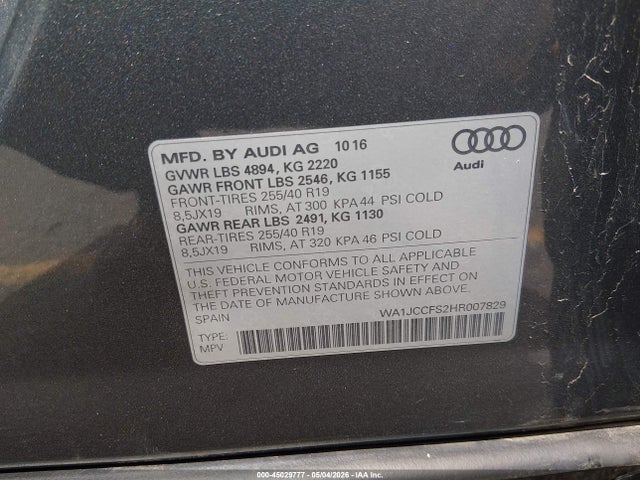 45029777 :رقم المزاد ، WA1JCCFS2HR007829 vin ، 2017 Audi Q3 2.0t Premium مزاد بيع
