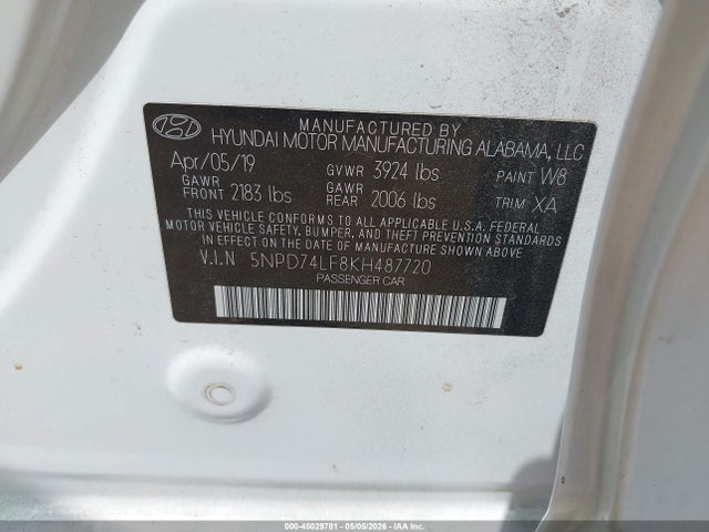 2019 Hyundai Elantra Se მანქანა იყიდება აუქციონზე, vin: 5NPD74LF8KH487720, აუქციონის ნომერი: 45029781
