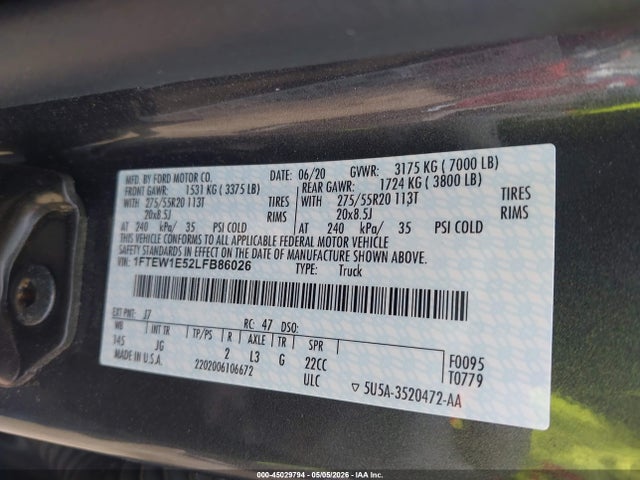 Продаж на аукціоні авто 2020 Ford F-150 Xl, vin: 1FTEW1E52LFB86026, номер лоту: 45029794