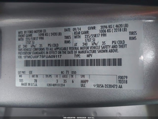 2015 Ford Escape S მანქანა იყიდება აუქციონზე, vin: 1FMCU0F75FUA09117, აუქციონის ნომერი: 45029799