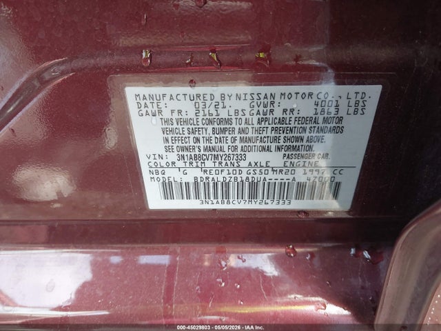 Aukcja sprzedaży 2021 Nissan Sentra Sv Xtronic Cvt, vin: 3N1AB8CV7MY267333, numer aukcji: 45029803