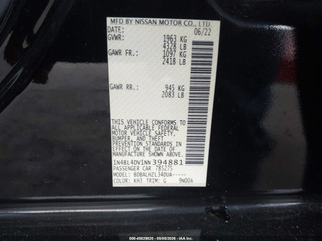 Продаж на аукціоні авто 2022 Nissan Altima Sv Fwd, vin: 1N4BL4DV1NN394881, номер лоту: 45029820
