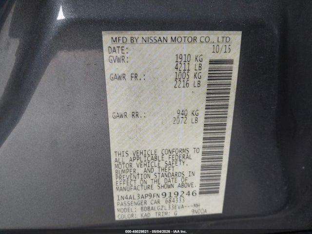 Aukcja sprzedaży 2015 Nissan Altima 2.5 S, vin: 1N4AL3AP9FN919246, numer aukcji: 45029821