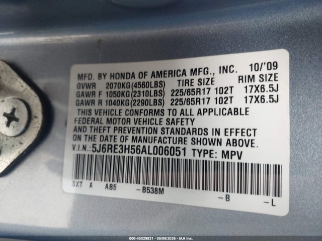 Aukcja sprzedaży 2010 Honda Cr-v Ex, vin: 5J6RE3H56AL006051, numer aukcji: 45029831