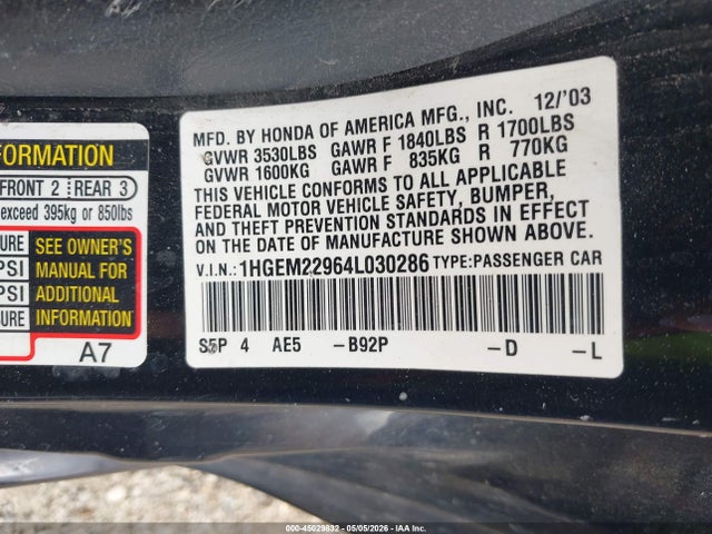45029832 :رقم المزاد ، 1HGEM22964L030286 vin ، 2004 Honda Civic Ex مزاد بيع