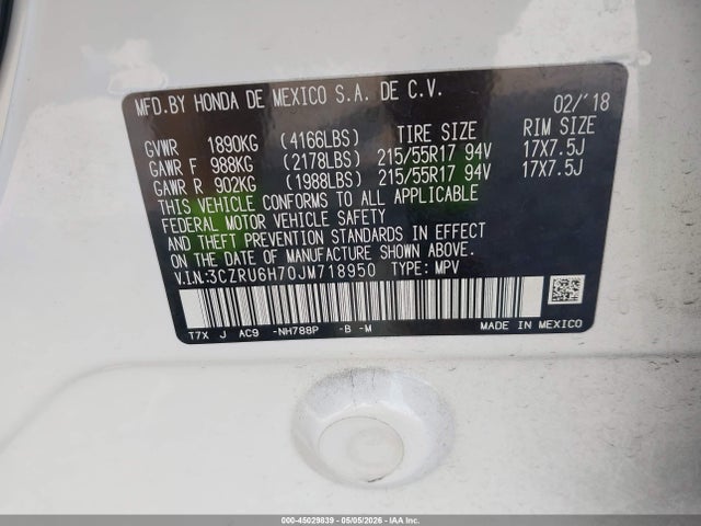 3CZRU6H70JM718950 Honda Hr-v Ex-l