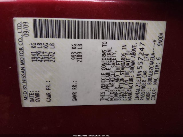 Продажа на аукционе авто 2009 Nissan Altima 2.5 S, vin: 1N4AL21E19N557247, номер лота: 45029848