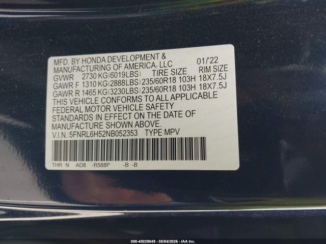 Honda ODYSSEY EX 2022 5FNRL6H52NB052353 Image 9