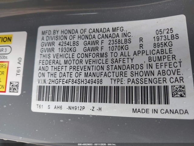 Продажа на аукционе авто 2025 Honda Civic Hybrid Sport/sport Touring, vin: 2HGFE4F84SH349498, номер лота: 45029853