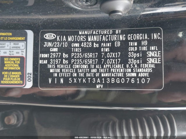 45029861 :رقم المزاد ، 5XYKT3A13BG076107 vin ، 2011 Kia Sorento Lx مزاد بيع