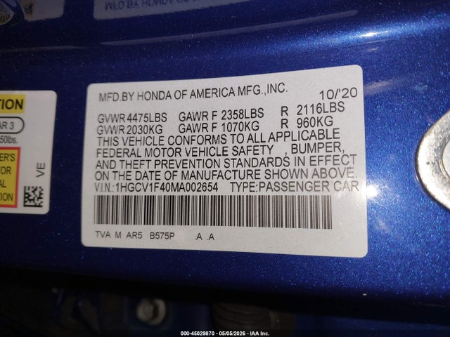 45029870 :رقم المزاد ، 1HGCV1F40MA002654 vin ، 2021 Honda Accord Sport Special Edition مزاد بيع