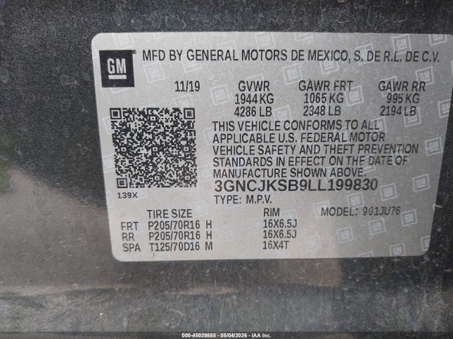 Aukcja sprzedaży 2020 Chevrolet Trax Fwd Ls, vin: 3GNCJKSB9LL199830, numer aukcji: 45029885